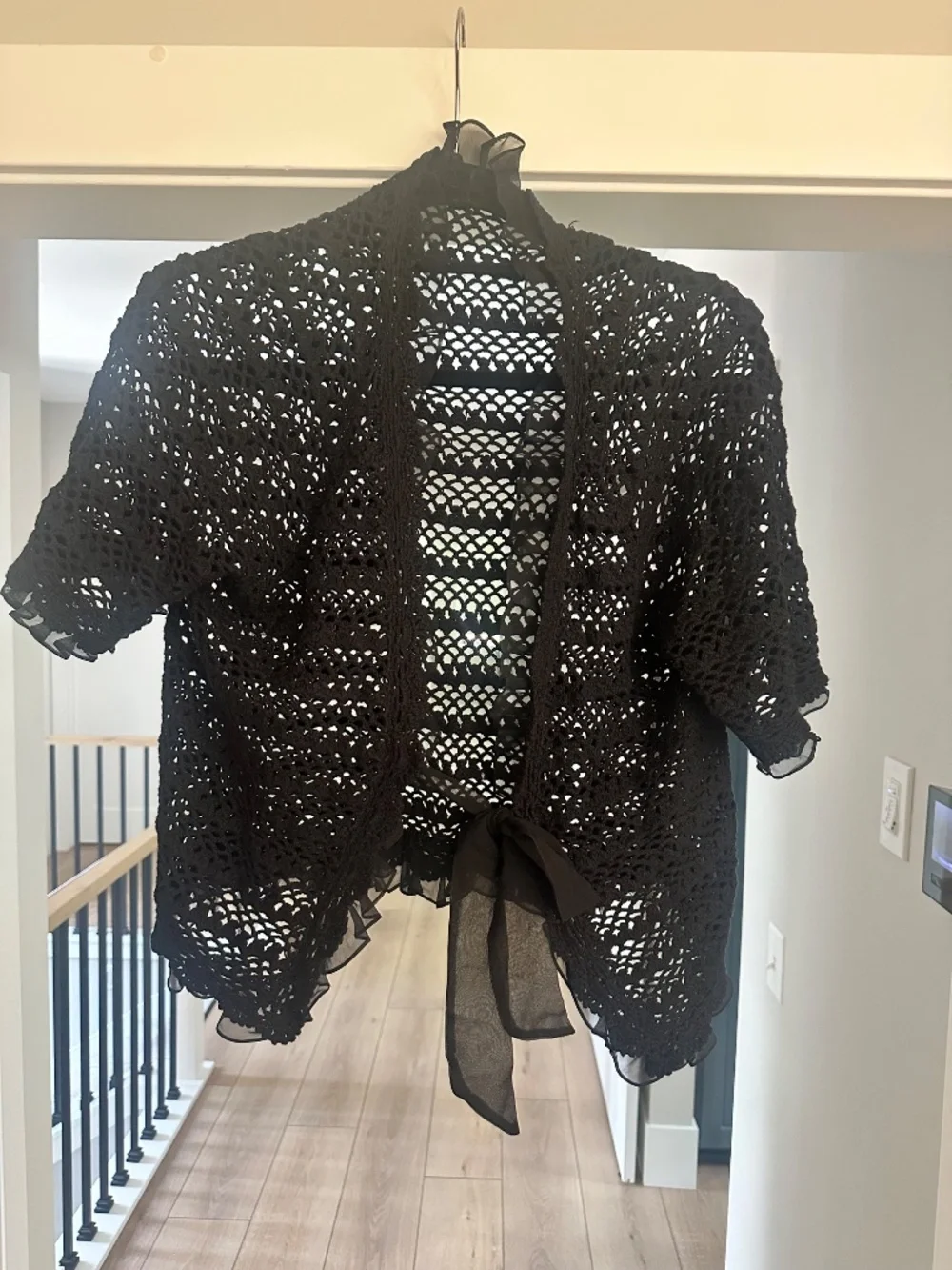 Black Short Sleeve Open Weave Sweater with Ribbon Tie - Picture 2 of 2